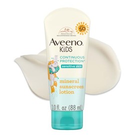 Aveeno Kids Continuous Protection Zinc Oxide Broad Spectrum Sunscreen Lotion for Kids’ Sensitive Skin. SPF 50 Oxybenzone Free Sunscreen, Tear- and Swe