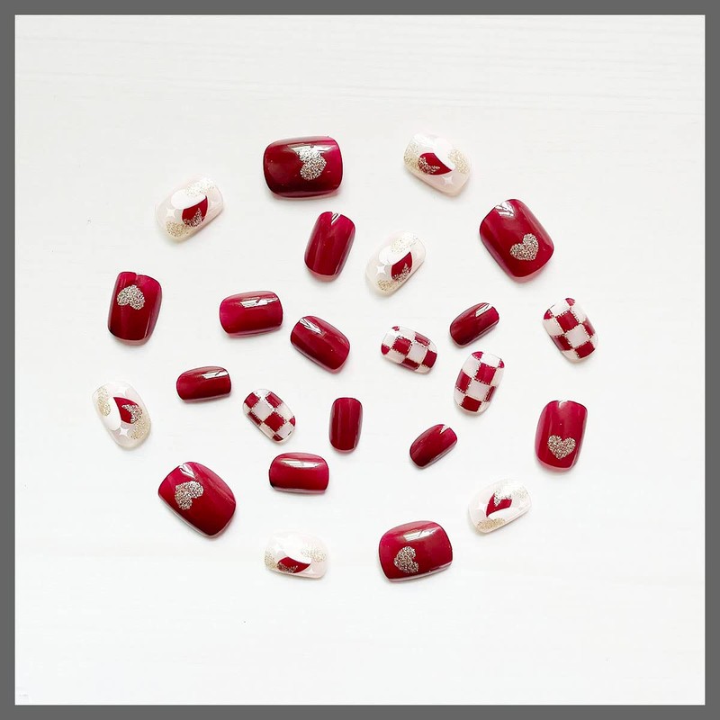 Wedding 24 Pieces Claret Short Chess Love False Nail Pearl