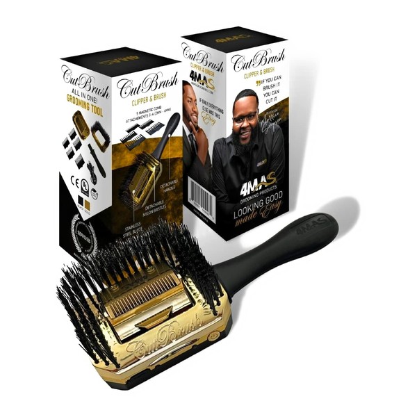 4MAS Cepillo de pelo para cortar pelo y barba, (CutBrush Black and Gold Mod 3) 5 accesorios de peine y cable de carga incluido