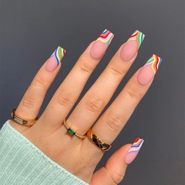 SXVME Colorful French Tip False Nails Long Square with Swirls Design Natural Nude Press on Nails Long Coffin Fake Nails for Women Daily Wear 24 Pcs