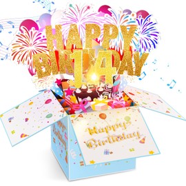 Tnvee 14TH Birthday Cards with Lights & Music & Candle, 3D Pop Up Singing Happy Birthday Greeting Cards Gfits for 14 Years Old Girl Boy Son Daughter