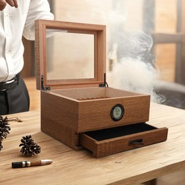 Humidor Cigar Box(Coffee Brown), Handcrafted Spanish Cedar Glass Top Luxury Humidors, Accurate Digital Hygrometer (25-55 Cigars) by Jansfuren