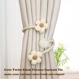 DIY Curtain Tiebacks Clips 2 Pcs, Daisy Flower Curtain Holdbacks, Metallic Twist Curtain Holdbacks, Handmade Braided Curtain holdbacks for Thin & Thick Home & Office Window Draperies (Cream)