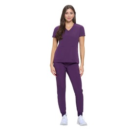 ACTIVE UNIFORMS Women's Essential Scrub Set Cool Stretch Jogger Scrub Top and Pant Nursing Uniform Clearance Workwear (Eggplant, Small)