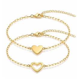 2 Pcs Gold Heart Bracelet for Women, 14K Gold Plated Stainless Steel Friendship Bracelet,Adjustable Bracelets Dainty Chain Jewelry Love Friendship Two Bracelet Pack