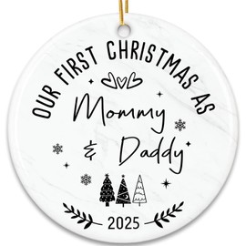 Baby First Christmas Ornament 2025 - Family Christmas Ornaments - First Time Parents Gifts - 1st Mom, Dad Gifts - Merry Xmas Mommy and Daddy - Family of Three Xmas Ceramic Ornament 2025