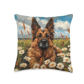 Van Gogh Style Dog Lover Daisy Flower German Shepherd Throw Pillow