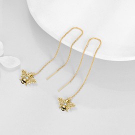 Bee Earrings Sterling Silver Gold Plated Bee Threader Earrings Pull Through Chain Earrings Bumble Bee Dangle Earrings Jewelry Gifts for Women Girls, Sterling Silver, Cubic Zirconia