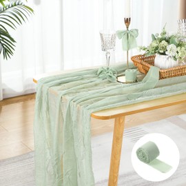Table Runner Cheesecloth and Fringe Chiffon Silk Ribbon Boho Gauze Natural Decor Rustic Table Runner for Wedding Baby Shower Birthday Party (Sage Green)