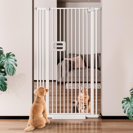 TSYPAIRS 55'' Extra Tall Cat Gate, 29.5''–36.5'' Wide with Extension Kit, Auto Close, Narrow Gap, No Drill, Pressure Mounted for Doorways/Stairs, White, Black - Color: White, Size: 29.5"-34.25"
