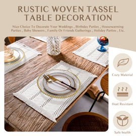 Elistonie Set of 4 Boho Woven Cotton Placemats Handwoven Fringe Placemats Washable Farmhouse Linen Tassel Cloth Table Mats Rustic Macrame Placemats for Dining Table Decor (C)