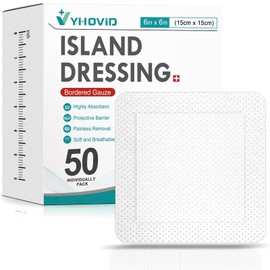 50 Count Island Dressing Bordered Gauze 6" x 6", Gauze Pads Individually Wrapped, Non-Stick Pad in Center with Adhesive Border, Bandages for Wounds, First Aid