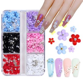 3D Flower Nail Charms for Acrylic Nails 6 Grids Colorful Flower 3D Nail Art Stud Spring Nail Art Decals Charms with Pearls Metal Sliver Round Beads for Nails Art DIY Crafting Manicure Tools
