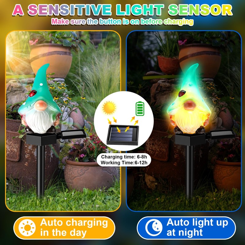 VIHOSE 3 Pack Solar Powered Gnome Garden Pathway Lights Powered
