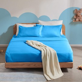 SLEEP ZONE Kids Queen Bed Sheets Set 4-Piece - Super Soft & Cute Kids Sheet Set with Flat Sheet, Fitted Sheet, Pillowcase (Queen, Sky Blue)