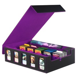 STTRBOX Trading Card Storage Box for MTG, card storage box with Commander Display，Multi-purpose Deck Case for MTG TCG Sports Card, 4 Toploaders, 4 Stoppers, 4 Colorful Dividers (Black& Purple, 5-Row)