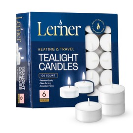 Lerner Tealight Candles, 100 Count| 6 Hours Long-Burning White Tea Light Candles| Non-Toxic, Smokeless & Soot-Free Tea Light Warmer Candles | Unscented Party, Décor, Shabbat Tea Candles