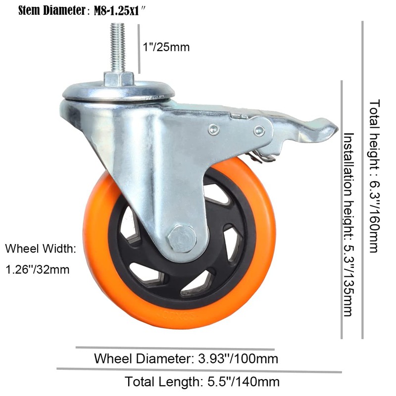 Stem Caster Wheels Heavy Duty Casters PVC M8-1.25x1″ (Stem Diameter