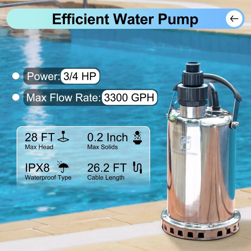 FLUENTPOWER 3/4HP 3300GPH Stainless Steel Submersible Sump Pump Manual Control