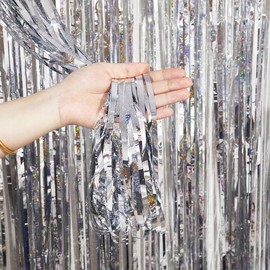 PVEGOS 4PCs 3.3 x 8.3 ft Laser Silver Glitter Tinsel Curtains Foil Curtain Backdrop.Laser Luminescent Particles Foil Fun Fringe Streamers for Party Birthday Decoration,Engagement,School Events