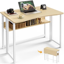 Huuger Folding Desk with Storage Shelf, 31.5 Inch Foldable Computer Table for Small Spaces, Space Saving Sofa Table for Couch, Writing Work Office Computer Desk, Easy to Fold, Oak