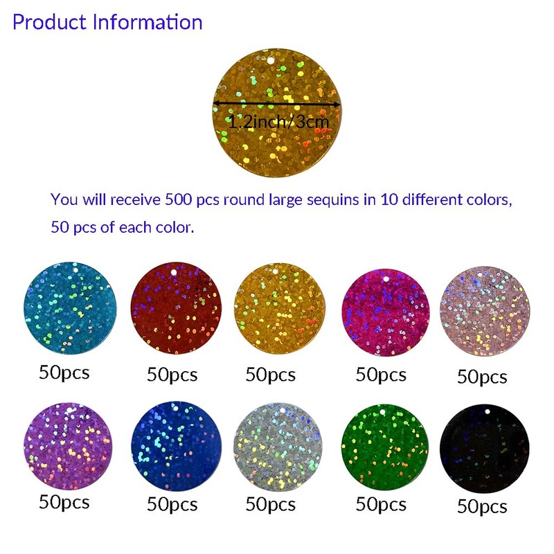 500 Pcs 10 Colors Round Large Sequins, 30mm Iridescent Loose