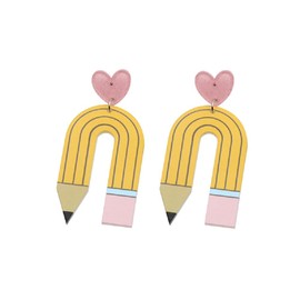 Teacher Earrings for Women Wooden Pencil Drop Earrings Acrylic U-shaped Leopard Rainbow Pencil Dangle Drop Earring for Teachers Gifts Jewelry -Style 1