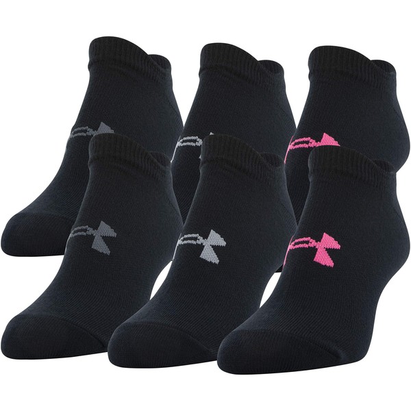 Under Armour Women's Essential 2.0 Lightweight No Show Socks, 6-Pairs , Black/Cerise Assorted , Large