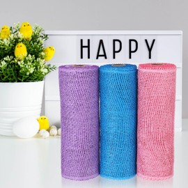 3 Rolls Poly Burlap Deco Mesh -10 Inch Wide Deco Poly Decorative Mesh Ribbon Wrapping Ribbon Rolls for Home Door Wreath Decoration DIY Crafts Making (Pink, Light Purple, Lake Blue)