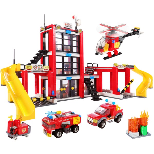 896 Pieces City Fire Station STEM Building Blocks Set, Fire Truck, Helicopter, Vehicle, Creative Fire Rescue Toy, Baseplates Storage Box, Roleplay Parent-Child Playset, Gift for Kids Boys Girls 6-12