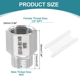 uxcell Pipe Fitting Reducing Adapter, M20 Male x 1/2" NPT Female 304 Stainless Steel Reducer Connectors for Water Oil Air Pressure Gauge, Silver