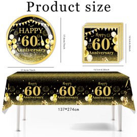 41pcs 60th Anniversary Party Plates Napkins Tableware Tablecloth Set, Black and Gold Sixty Years Old Wedding Anniversary Disposable Party Dinnerware for Wedding Party Supply (60th Anniversary)