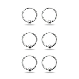 Sterling Silver Ball Bead Small Endless 10mm Lightweight Thin Round Unisex Hoop Earrings, 3 Pairs