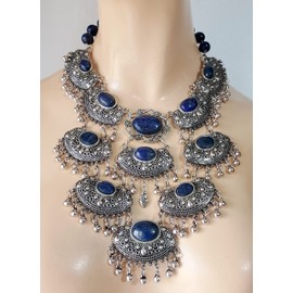 Lapis Lazuli Gemstone 11 Cabochons Big Bib Necklace Earrings Bracelet One of a Kind