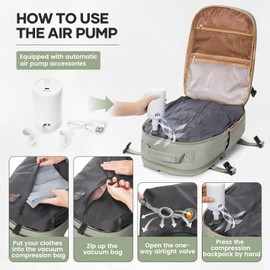 UPPACK Vacuum Backpack Travel With Pump for Women Men Personal item Travel Bag Carry on Backpack Flight Approved Work College Casual Daypack Backpacks with Vacuum Compression Gray green