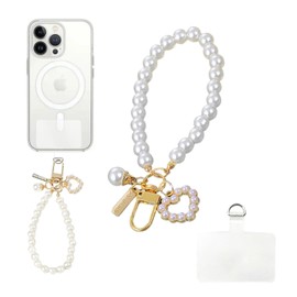 Wowjimi Pearl Chain Cell Phone Strap PVC Cell Phone Gasket Smartphone Strap Anti-Loss and Anti-Forget Full Device Compatibility Cute Smartphone Keyholder Cell Phone Accessory, 01