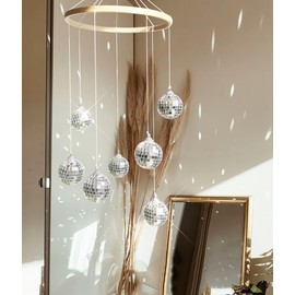 Rodudu Dazzling Disco Ball Mobile, Spiral Spinner Ball, 7.8 Inch Nature Bamboo Circle, Indoor Outdoor Yard Garden Patio Home Decoration for Party Activities Wedding Birthday Music Festival