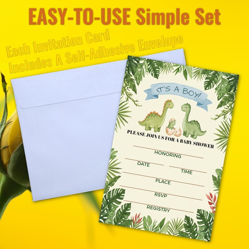 WENFLY Dinosaur Baby Shower Invitations Card, Party Invitations Kit with