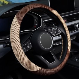 ZHOL Steering Wheel Cover Universal 15 inch Microfiber Breathable Ice Silk Steering Wheel Covers Anti-Slip Car Interior Accessories for Women Men, Warm in Winter and Cool in Summer, Beige&Brown