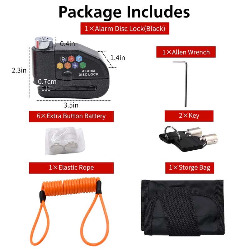 Alarm Disc Lock Set, Brake Lock, Anti-Theft Waterproof 110 dB