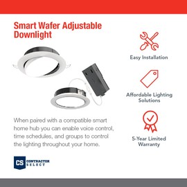 Juno WF6C ADJ TUWH MW M6 Smart LED Wafer Downlight, 2700K-5000K Tunable White, Dimmable, Zigbee or Bluetooth Connection, Use with Alexa, Google Home, SmartThings, Adjustable, 6 Inch, Matte White