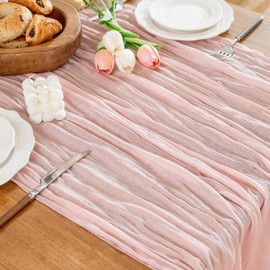 HOMEBROS Cheesecloth Table Runner, 10 Ft Spring Gauze Table Runner Boho Rustic Sheer Wrinkled Cloth Table Runner Decor for Valentines Wedding Anniversary Birthday Baby Shower Dusty Pink