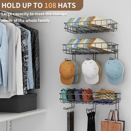 XRMAO Metal Wall Hat Racks with Multiple Hooks, Hat Organizer for Baseball Caps, 3 Packs Hat Storage Holders Up to 108 Caps, Perfect for Closet, Entryway, Living Room, Black