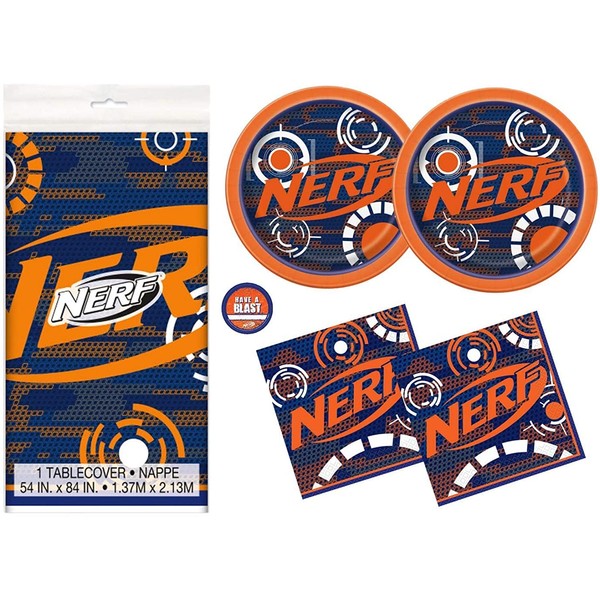Nerf Theme Party Supplies Pack - Serves 16 - Tablecover, Plates, Napkins and Sticker