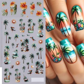 Summer Nail Art Stickers Palm Coconut Tree Nail Stickers Beach Ocean Theme Nail Decals 4PCS 3D Self-Adhesive Tropical Flower Leaf Flamingo Nail Designs Sticker Charms for Women Decorations