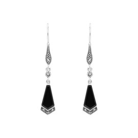 Esse Marcasite Sterling Silver Art Deco Kite Shaped Black Onyx with Marcasite Detail Dangle Earrings