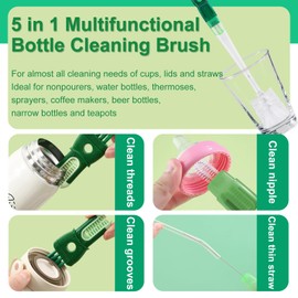 6 Pack Bottle Brush Set, 5-in-1 Water Bottle Cleaner Brush 4 Cute Cowboy Hat Straw Cover Caps and Gold Spoon Removable Nipple Brush Detail Brush for Cup Lid Gap