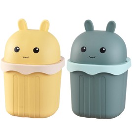 Ayicheyl Pack of 2 Table Bin with Lid, Mini Trash Can Cute Table Waste Bin, Small Rubbish Bin with Swing Lid, Cartoon for Desk, Children's Room, Office, Chest of Drawers (Green + Yellow)