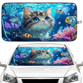 Cat and Fish Car Windshield Sun Shade Foldable Sunshade Front Window Cover Sun Visor Protector Accessories for Truck SUV (59x27.5 inches)