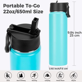 Neihepal 22 oz Insulated Kids Water Bottle with Straw Lid, Reusable Double Wall Vacuum Metal Thermos Keeps Cold and Hot, 18/8 Stainless Steel Sports Bottles for Gym School and Travel(Mint,1 Set)